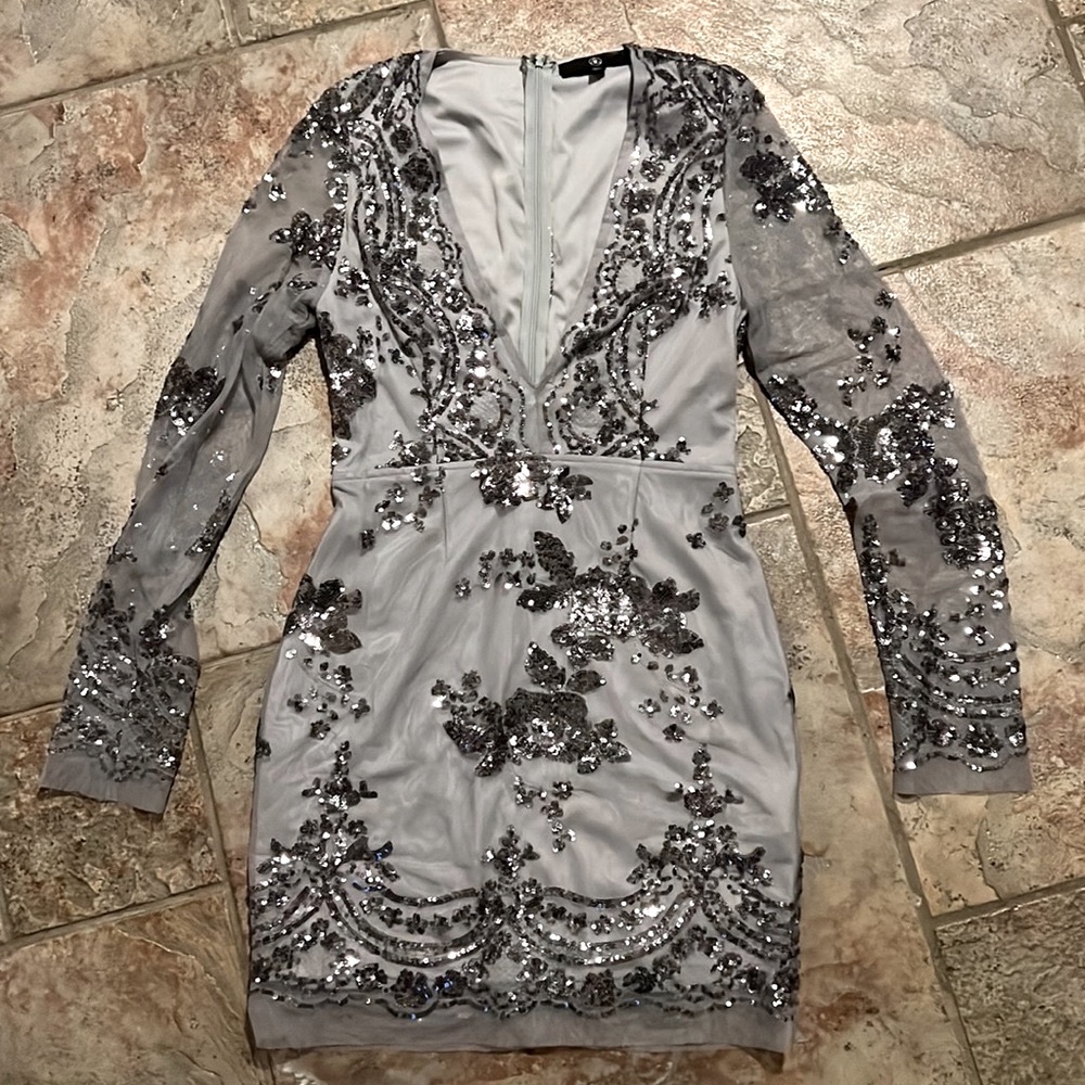 ASOS grey and silver/pewter sequin dress. Size US 2. Sheer sleeves. Low cut